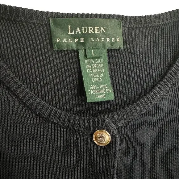 Vintage 100% Silk Navy LAUREN Ralph Lauren Gold Button Cardigan Sweater Large - Picture 3 of 12